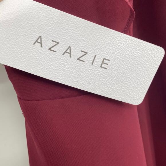 Azazie Ailani Gown Ruffle Off Shoulder Y Neck Halter Maxi Cabernet Red Womens 10 - Picture 10 of 14